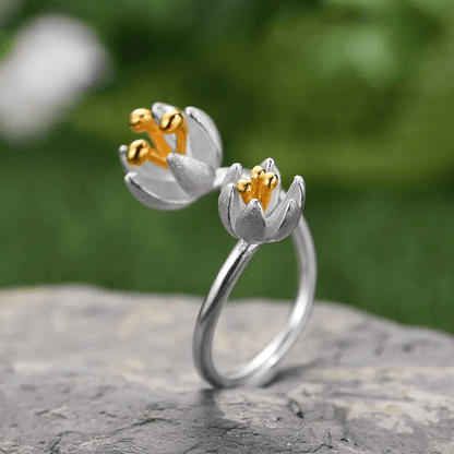 Bague ajustable éclosion de fleur fraiche | Argent 925 détails plaqué Or 18K