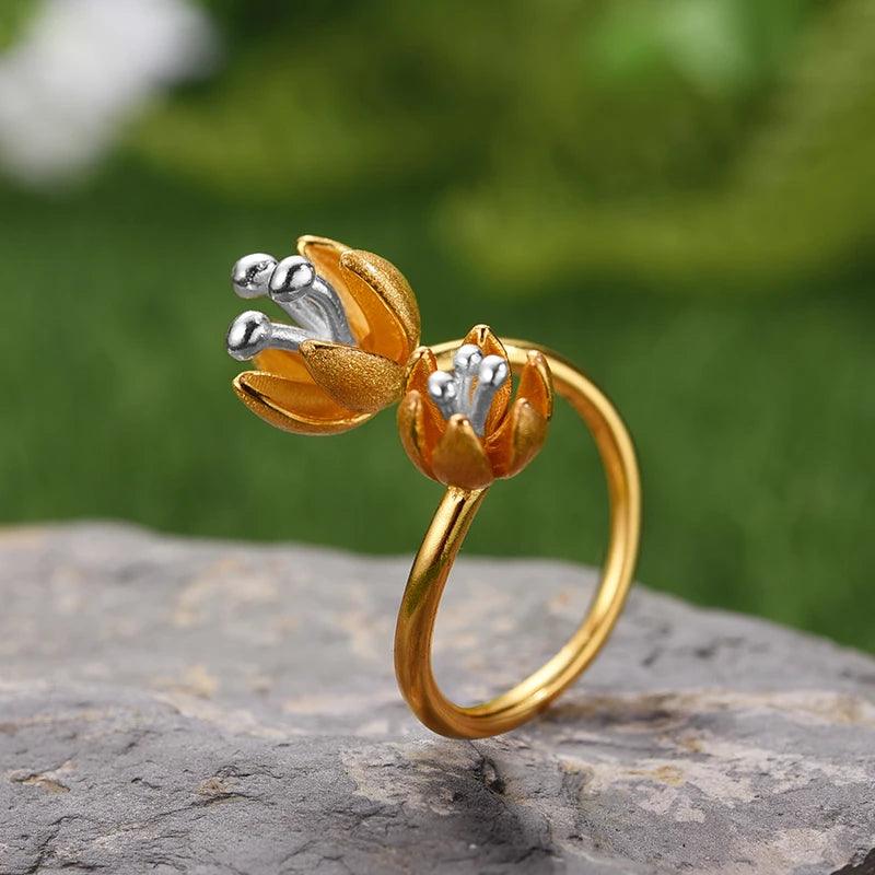 Bague ajustable éclosion de fleur fraiche | Argent 925 détails plaqué Or 18K