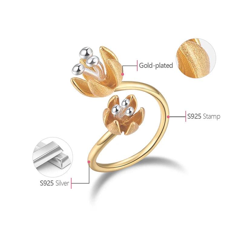 Bague ajustable éclosion de fleur fraiche | Argent 925 détails plaqué Or 18K