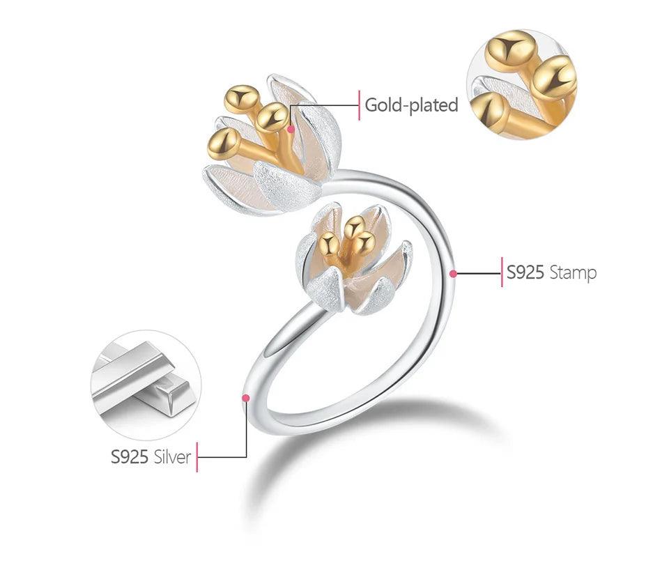 Bague ajustable éclosion de fleur fraiche | Argent 925 détails plaqué Or 18K