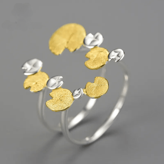 Bague ajustable feuilles de nénuphar | Argent 925 détails plaqué Or 18K