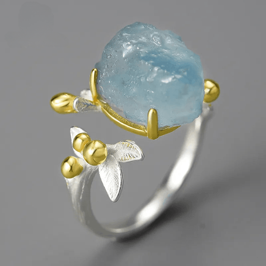 Bague ajustable Fleur Aquamarine | Argent 925 détails plaqué Or 18K