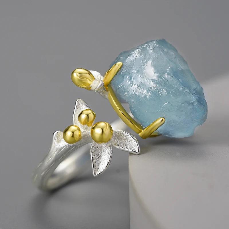 Bague ajustable Fleur Aquamarine | Argent 925 détails plaqué Or 18K