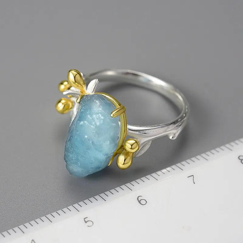 Bague ajustable Fleur Aquamarine | Argent 925 détails plaqué Or 18K