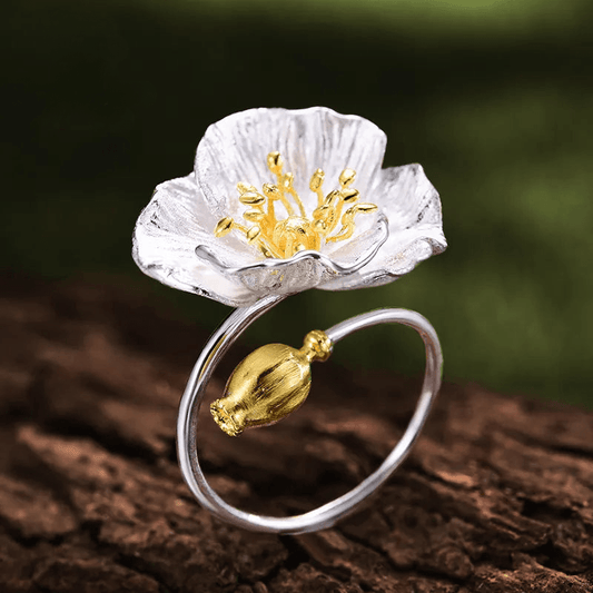 Bague ajustable fleur de coquelicot | Argent 925 détails plaqué Or 18K