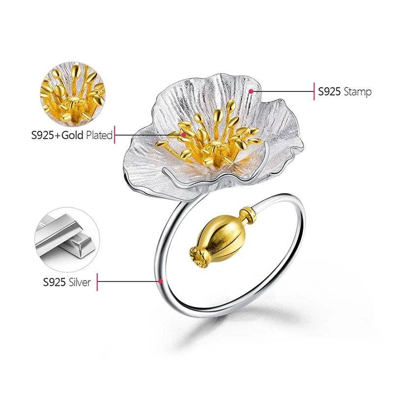 Bague ajustable fleur de coquelicot | Argent 925 détails plaqué Or 18K