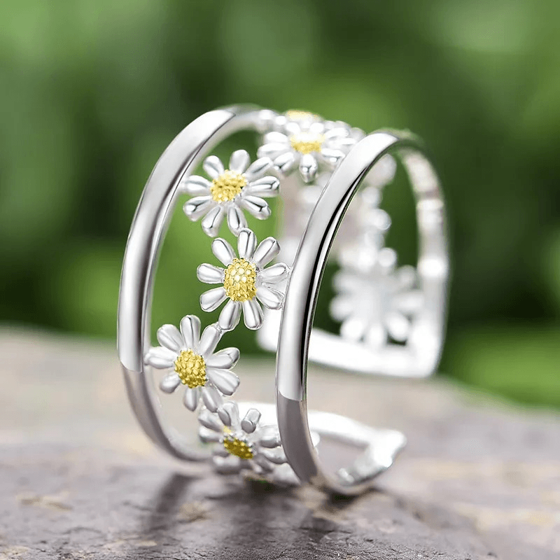 Bague ajustable fleur de marguerite | Argent 925 détails plaqué Or 18K