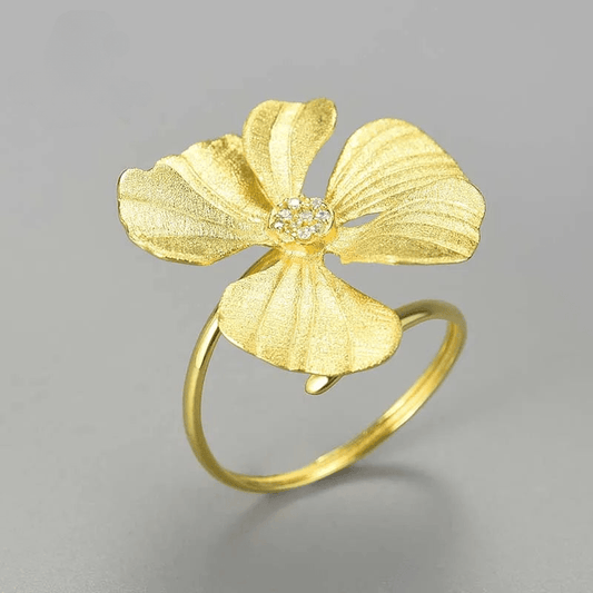 Bague ajustable fleur de pivoine éclot | Argent 925 détails plaqué Or 18K