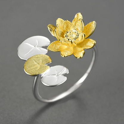 Bague ajustable fleurs de nénuphar | Argent 925 détails plaqué Or 18K