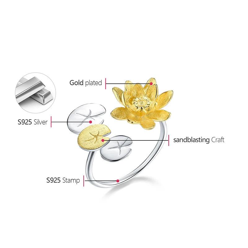 Bague ajustable fleurs de nénuphar | Argent 925 détails plaqué Or 18K