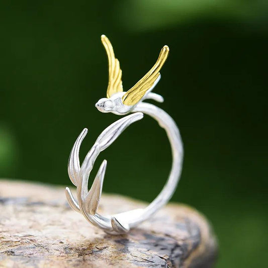 Bague ajustable hirondelle volante | Argent 925 détails plaqué Or 18K