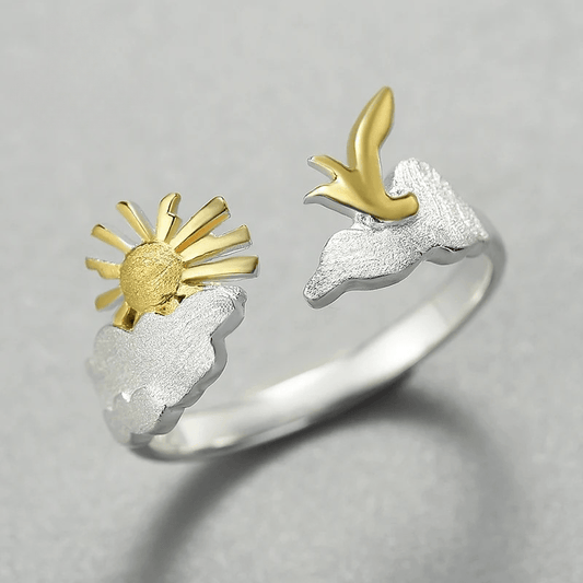 Bague ajustable l'oiseau et le soleil | Argent 925 détails plaqué Or 18K