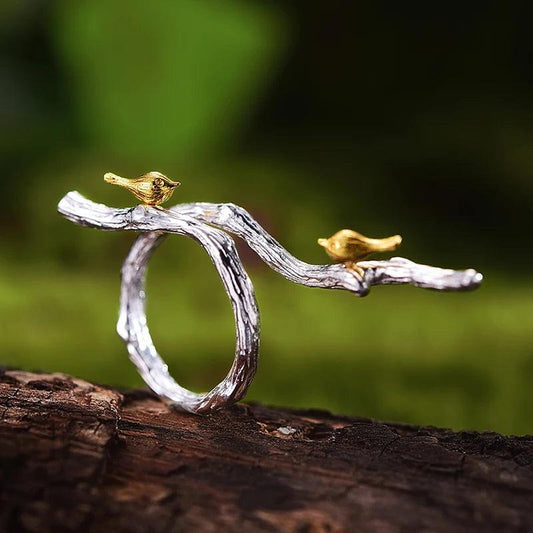 Bague ajustable oiseaux printaniers | Argent 925 détails plaqué Or 18K