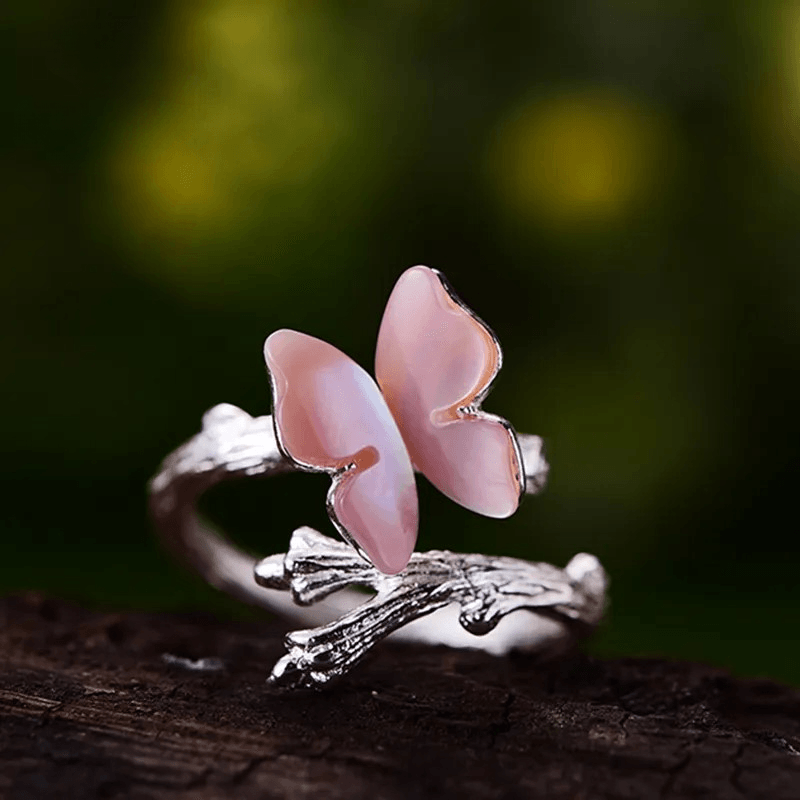 Bague ajustable papillon sur branche | Argent 925 détails plaqué Or 18K