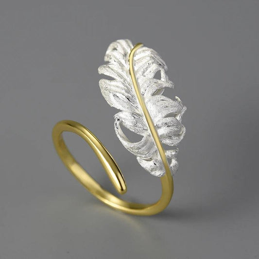 Bague ajustable plume d'oie | Argent 925 détails plaqué Or 18K