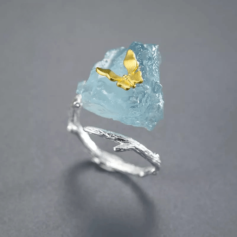 Bague papillon sur Aquamarine | Argent 925 détails plaqué Or 18K