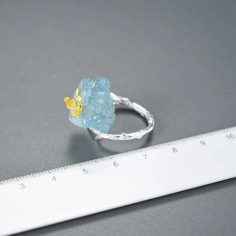 Bague papillon sur Aquamarine | Argent 925 détails plaqué Or 18K