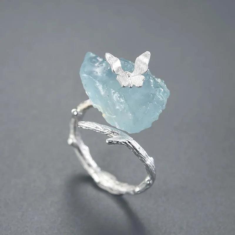 Bague papillon sur Aquamarine | Argent 925 détails plaqué Or 18K