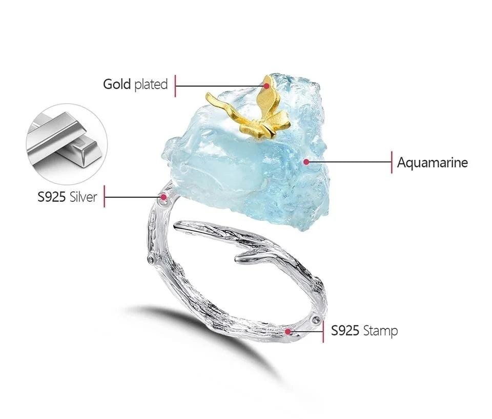 Bague papillon sur Aquamarine | Argent 925 détails plaqué Or 18K