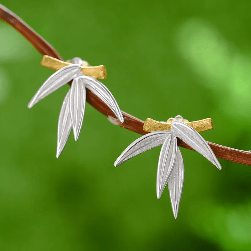 Boucles d'oreilles bambou frais | Argent 925 détails plaqué Or 18K