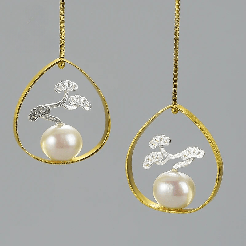 Boucles d'oreilles bonzaï sur perle véritable | Argent 925 détails plaqué Or 18K