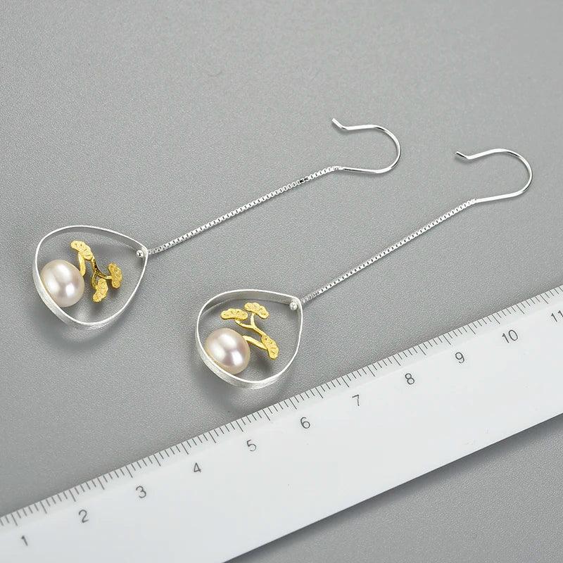 Boucles d'oreilles bonzaï sur perle véritable | Argent 925 détails plaqué Or 18K