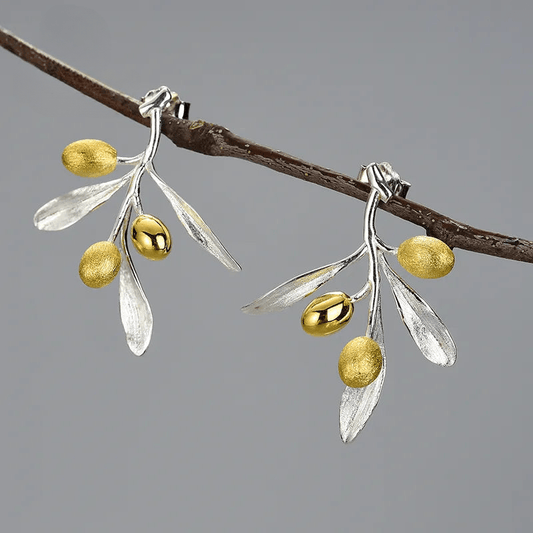 Boucles d'oreilles branche d'olivier | Argent 925 détails plaqué Or 18K