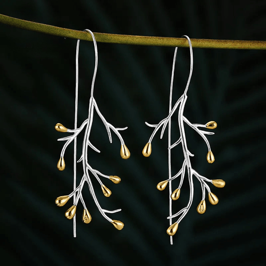 Boucles d'oreilles branche d'olivier | Argent 925 détails plaqué Or 18K