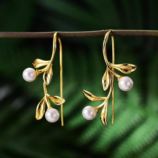 Boucles d'oreilles branche d'olivier perles véritables | Argent 925 détails plaqué Or 18K