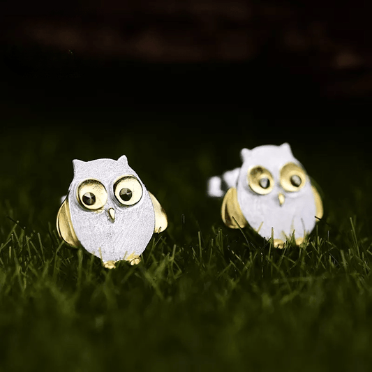 Boucles d'oreilles charmant hibou | Argent 925 détails plaqué Or 18K