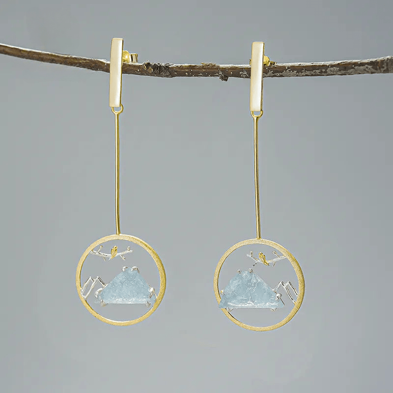 Boucles d'oreilles de l'oiseau chantant aquamarine | Argent 925 détails plaqué Or 18K