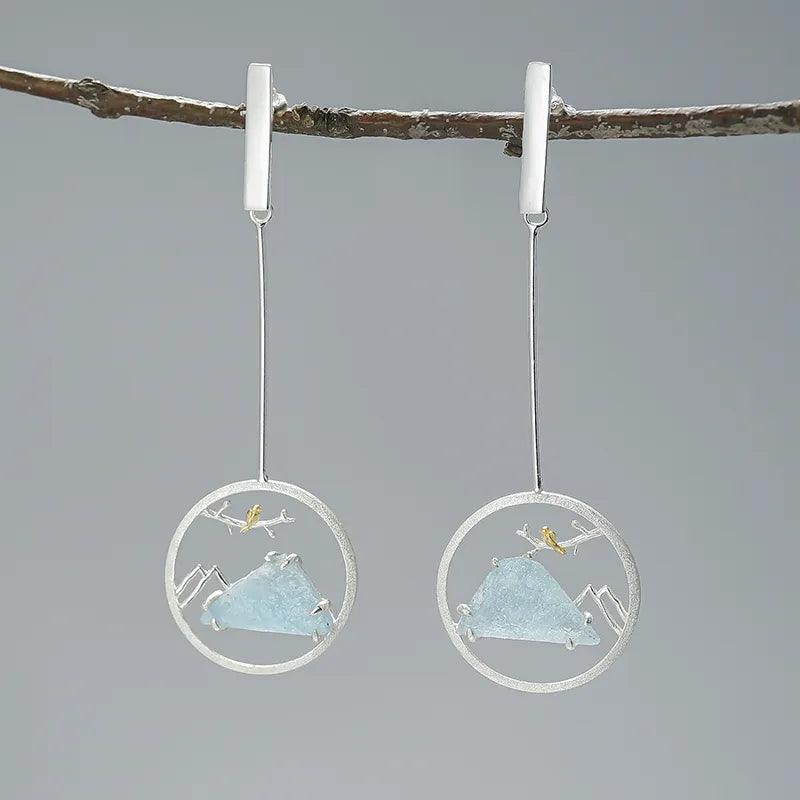 Boucles d'oreilles de l'oiseau chantant aquamarine | Argent 925 détails plaqué Or 18K