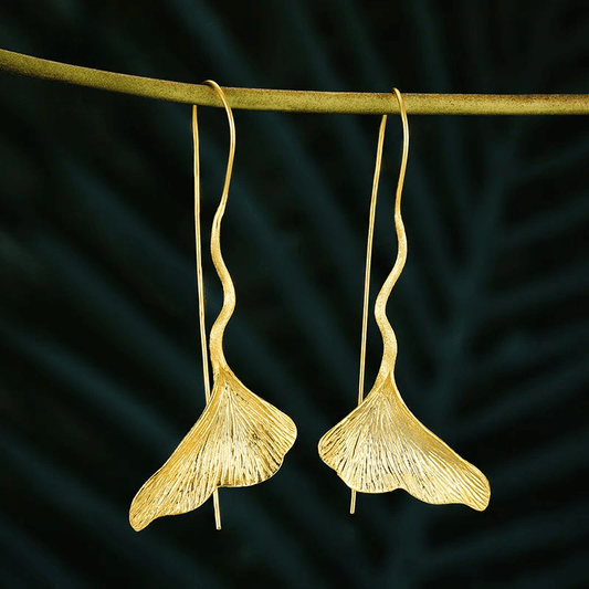 Boucles d'oreilles feuille de ginkgo | Argent 925 détails plaqué Or 18K