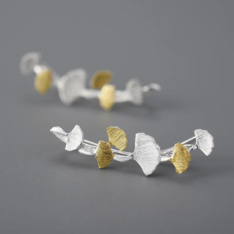 Boucles d'oreilles feuilles de Ginkgo | Argent 925 détails plaqué Or 18K