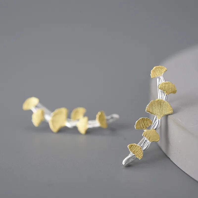 Boucles d'oreilles feuilles de Ginkgo | Argent 925 détails plaqué Or 18K