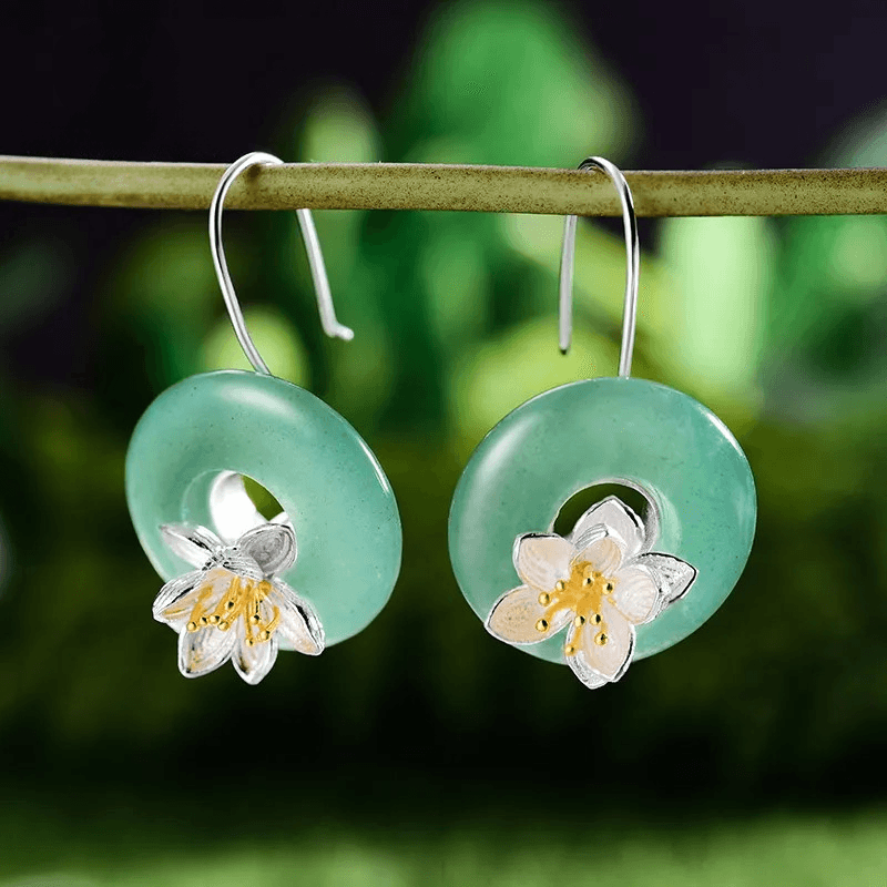 Boucles d'oreilles fleur de lotus | Argent 925 Aventurine véritable