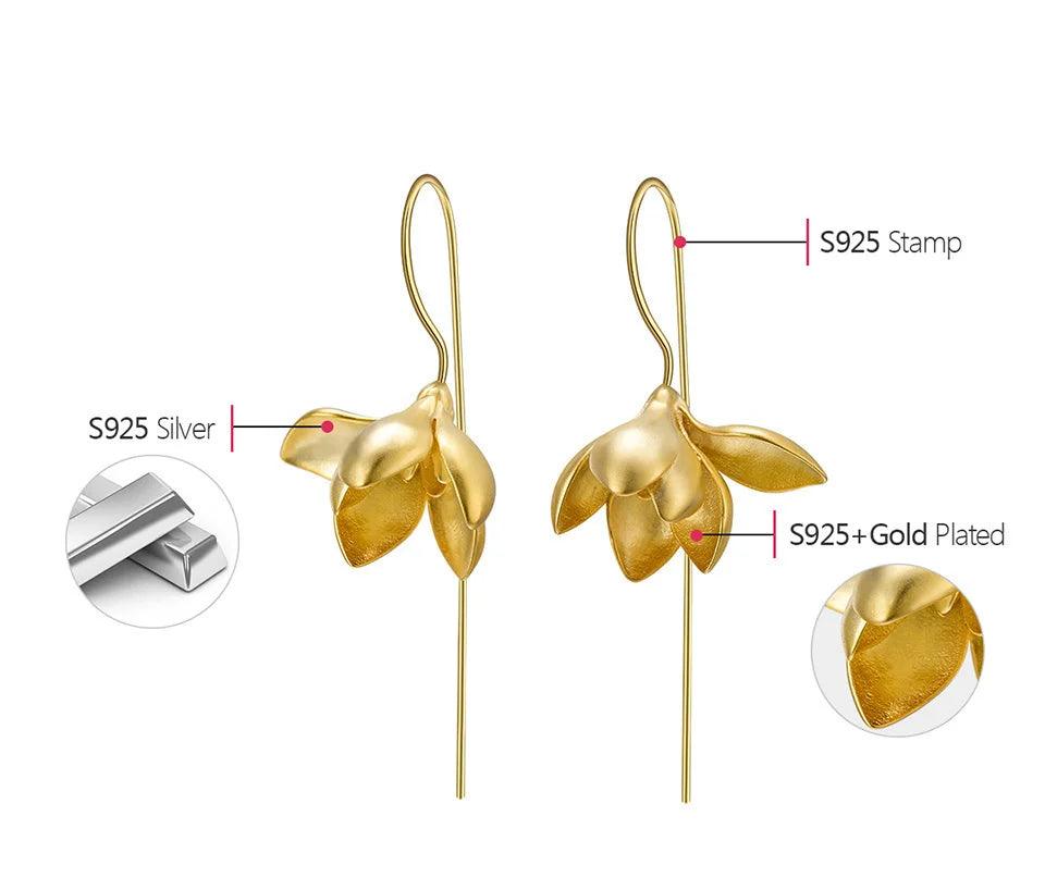 Boucles d'oreilles fleur de magnolia | Argent 925 détails plaqué Or 18K