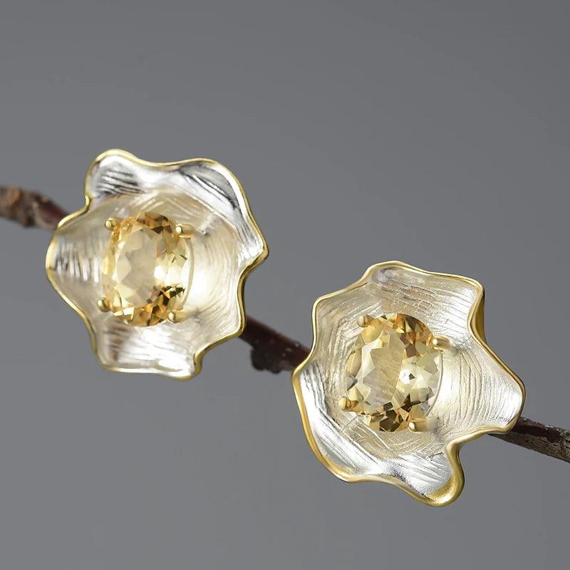 Boucles d'oreilles fleur de topaze | Argent 925 détails plaqué Or 18K