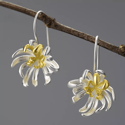 Boucles d'oreilles fleurs de chrysanthème | Argent 925 détails plaqué Or 18K