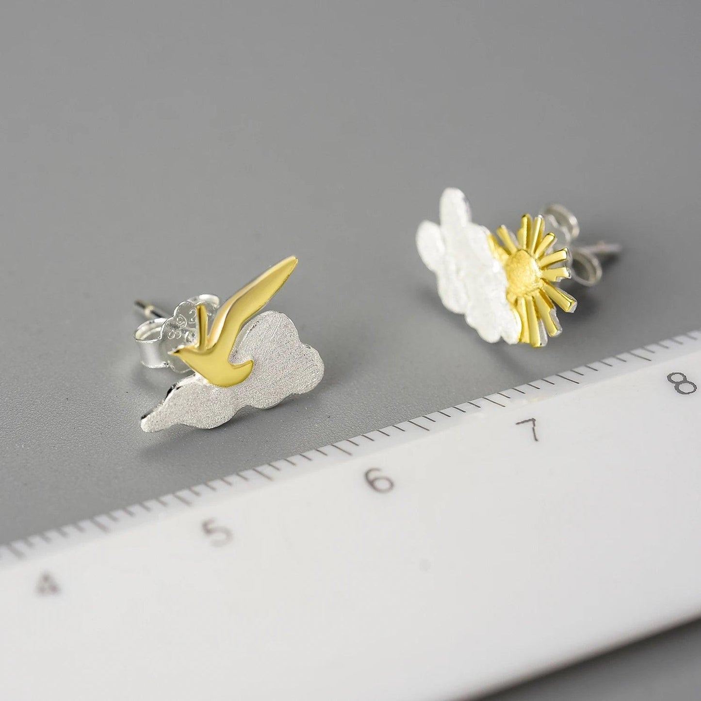 Boucles d'oreilles l'oiseau et le soleil | Argent 925 détails plaqué Or 18K