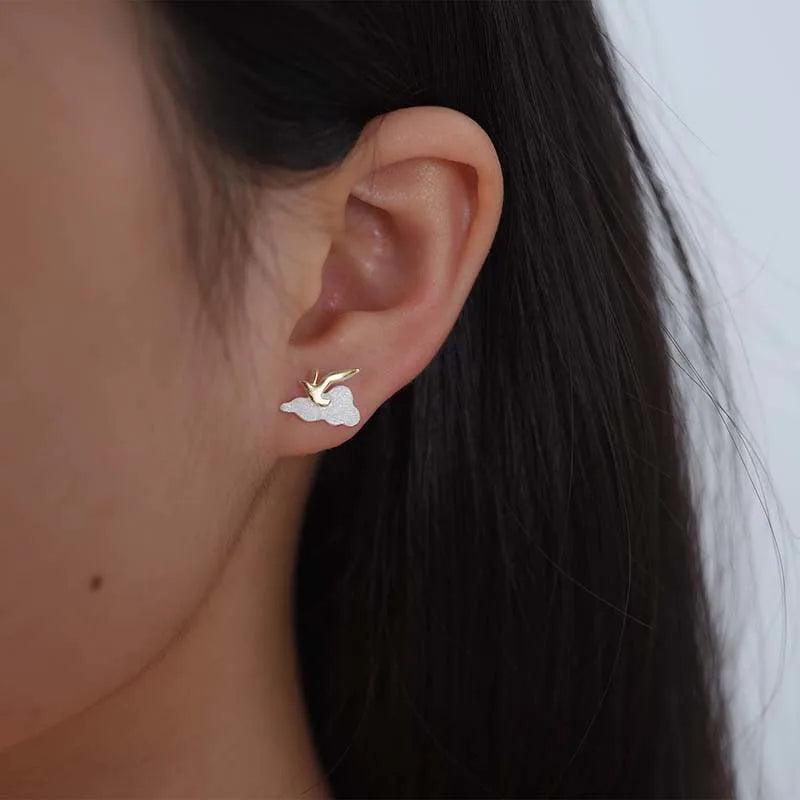 Boucles d'oreilles l'oiseau et le soleil | Argent 925 détails plaqué Or 18K