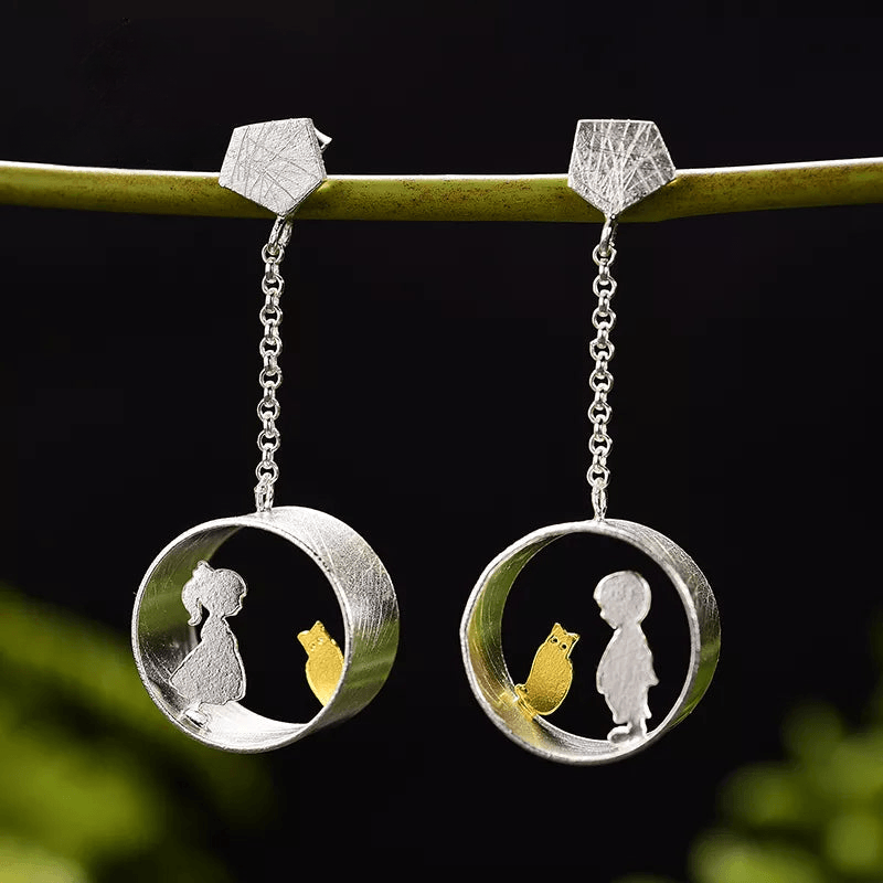 Boucles d'oreilles le chat et l'enfant | Argent 925 détails plaqué Or 18K