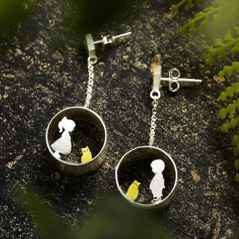 Boucles d'oreilles le chat et l'enfant | Argent 925 détails plaqué Or 18K