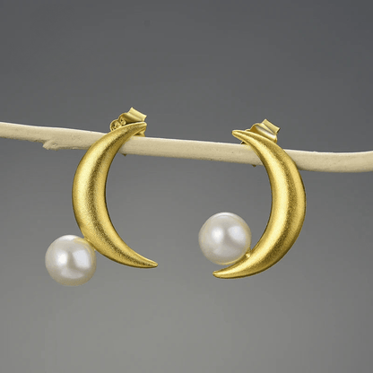 Boucles d'oreilles Lune perlée | Argent 925 détails plaqué Or 18K