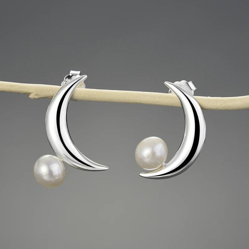 Boucles d'oreilles Lune perlée | Argent 925 détails plaqué Or 18K