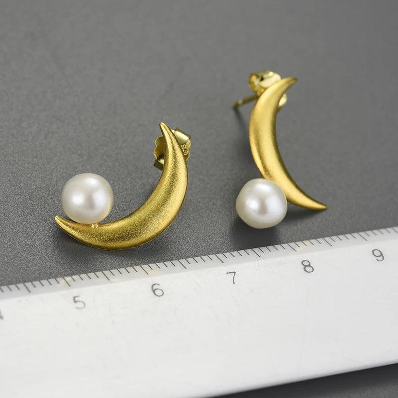 Boucles d'oreilles Lune perlée | Argent 925 détails plaqué Or 18K