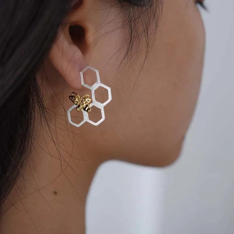 Boucles d'oreilles nid d'abeilles | Argent 925 détails plaqué Or 18K