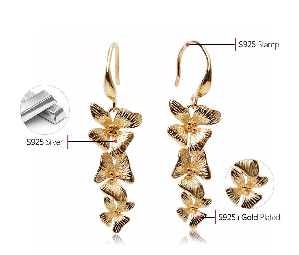 Boucles d'oreilles orchidées pendantes | Argent 925 détails plaqué Or 18K