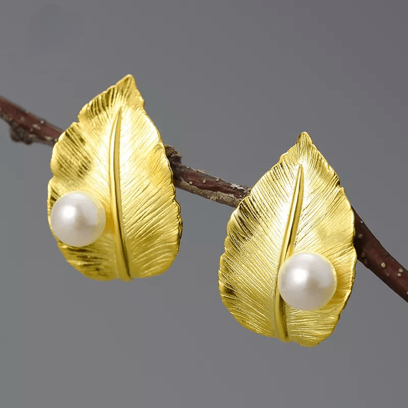 Boucles d'oreilles perle sur feuille nouvelle | Argent 925 détails plaqué Or 18K