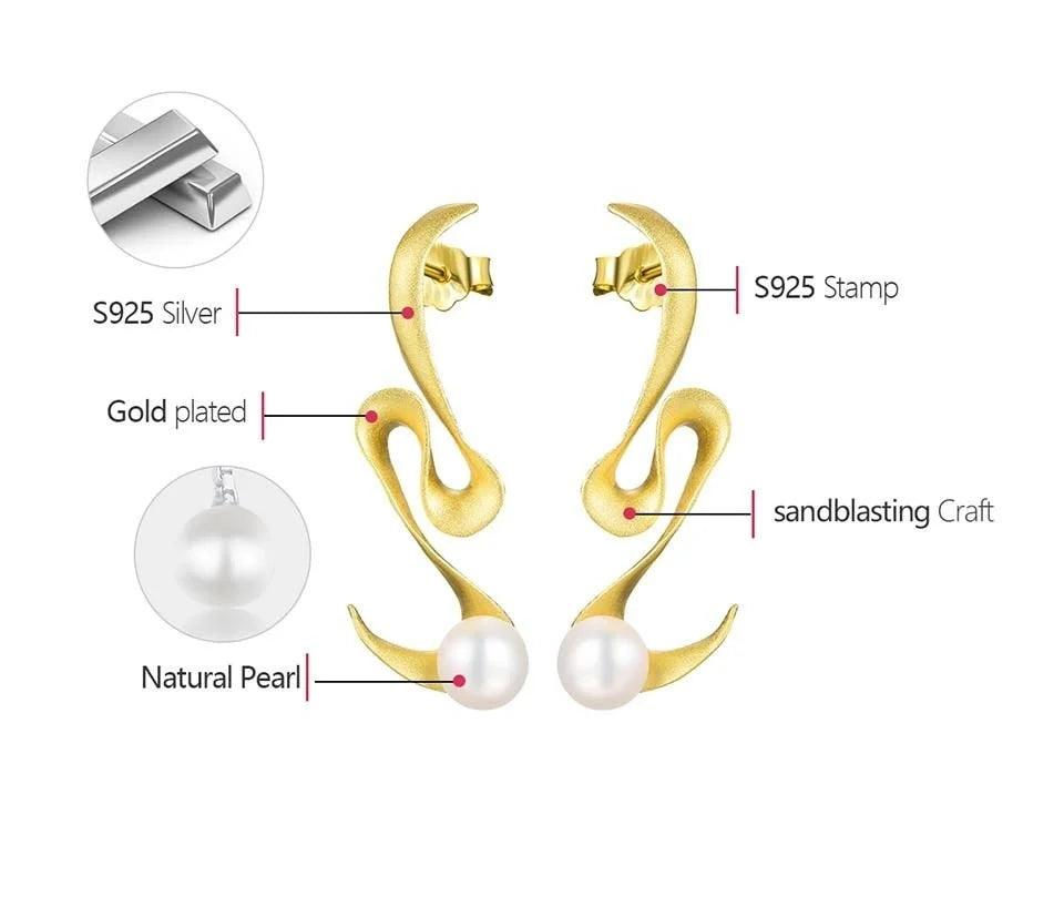 Boucles d'oreilles perle véritable sur spirale | Argent 925 détails plaqué Or 18k